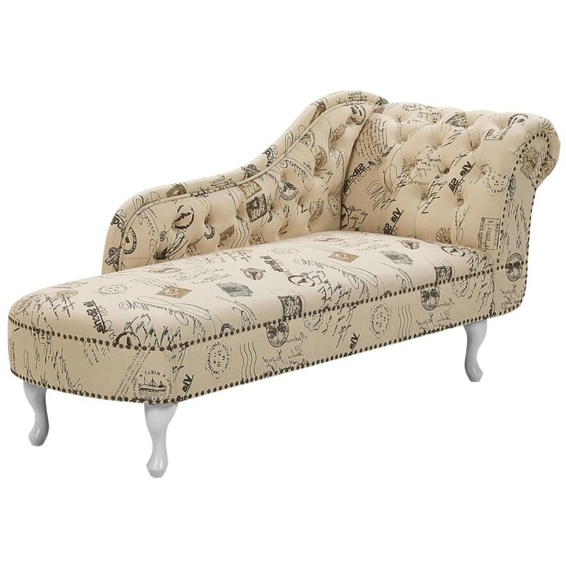 Beliani – Méridienne style Chesterfield en tissu beige motif postal