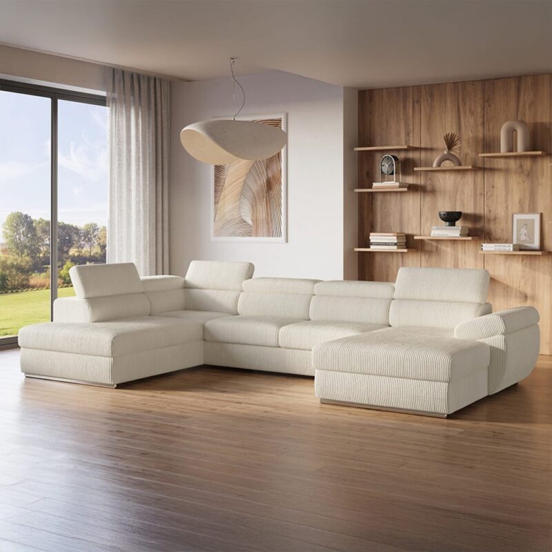 Test & Avis – Canapé panoramique convertible avec coffre en velours côtelé épais Beige (MOBILIER DECO)