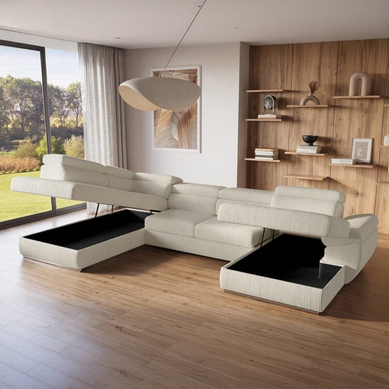 Test & Avis – Canapé panoramique convertible avec coffre en velours côtelé épais Beige (MOBILIER DECO)