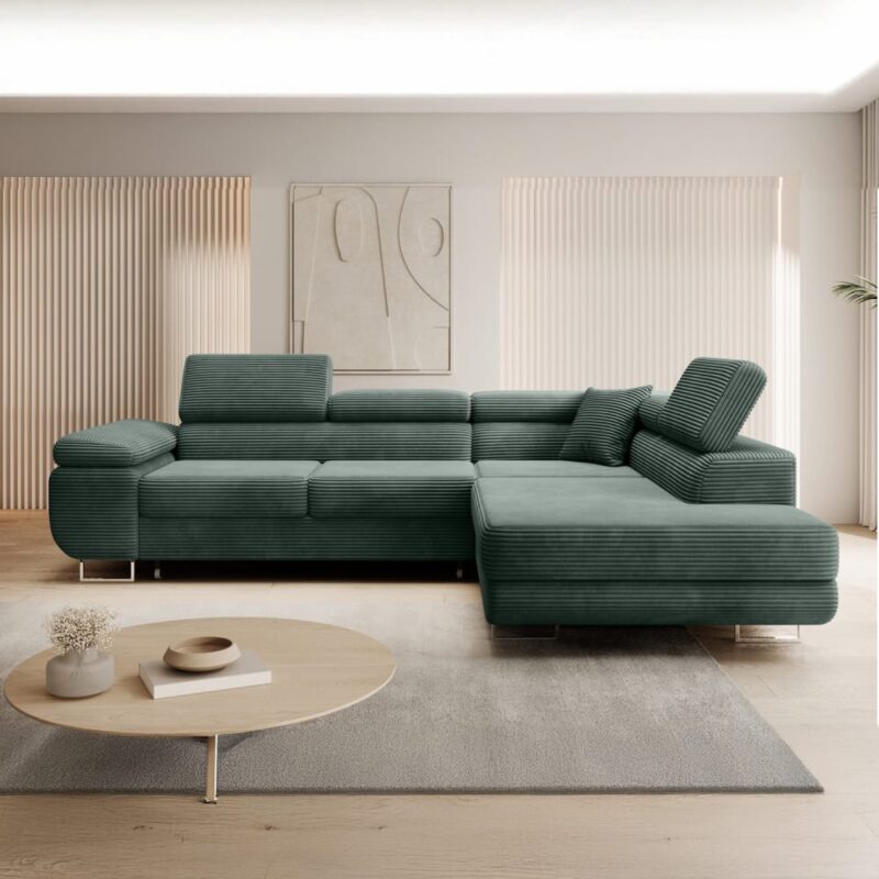 Test & avis — INTENSE DECO Marius : canapé d’angle droit convertible en velours côtelé vert