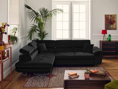 Best Mobilier Dimas : canapé d’angle 5 places en velours noir (angle gauche, convertible) - vue détaillée