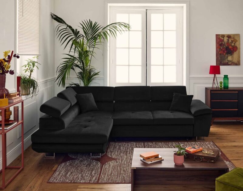 Test Best Mobilier Dimas : canapé d’angle 5 places en velours noir (angle gauche, convertible)
