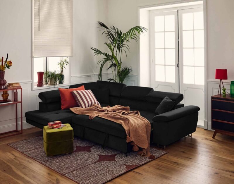 Test Best Mobilier Dimas : canapé d’angle 5 places en velours noir (angle gauche, convertible)