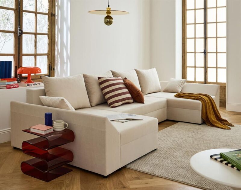 Test Best Mobilier Mike – Canapé panoramique 7 places convertible en velours (Beige)