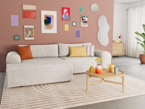 Best Mobilier Rebecca : canapé d’angle convertible (angle gauche) en velours beige - CoteCanape.fr