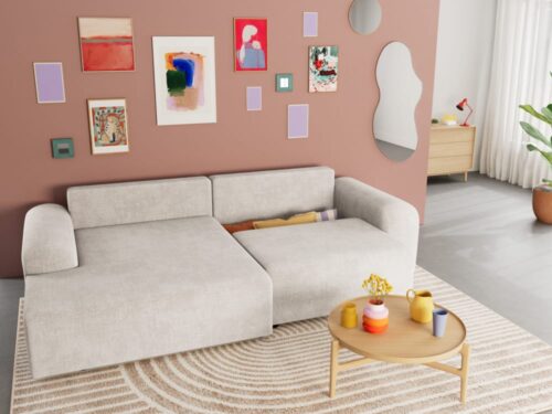 Best Mobilier Rebecca : canapé d’angle convertible (angle gauche) en velours beige - vue détaillée