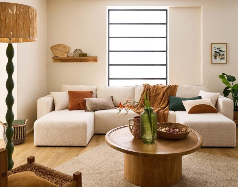 Best Mobilier Topaze – Canapé panoramique U 7 places en tissu bouclette (Beige) - CoteCanape.fr