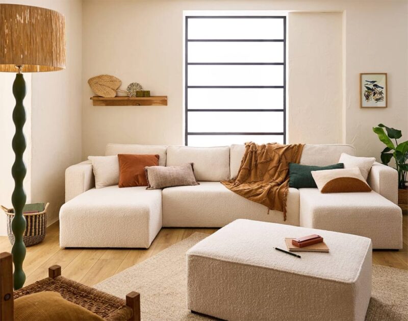 Best Mobilier Topaze – Canapé panoramique U 7 places en tissu bouclette (Beige) - vue détaillée