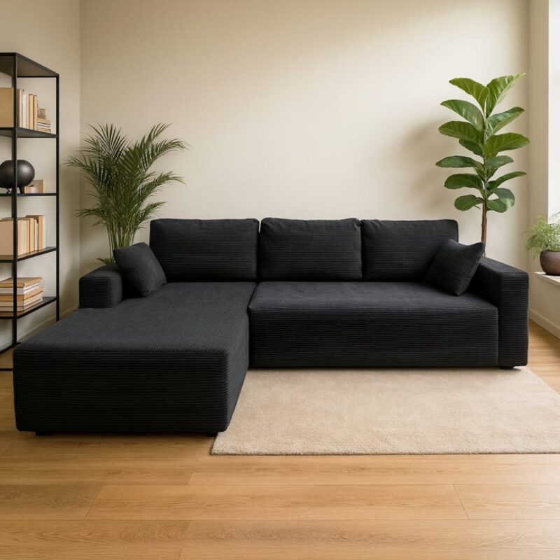 Test – Canapé d’angle 5-6 places en velours côtelé gris anthracite (Concept Usine)