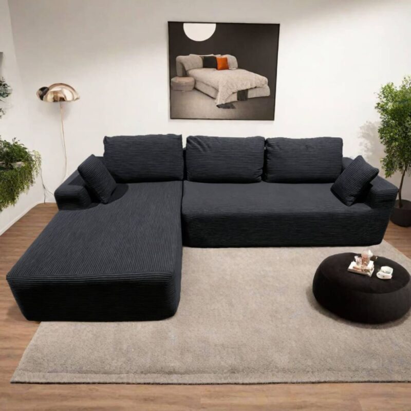 Test – Canapé d’angle 5-6 places en velours côtelé gris anthracite (Concept Usine)