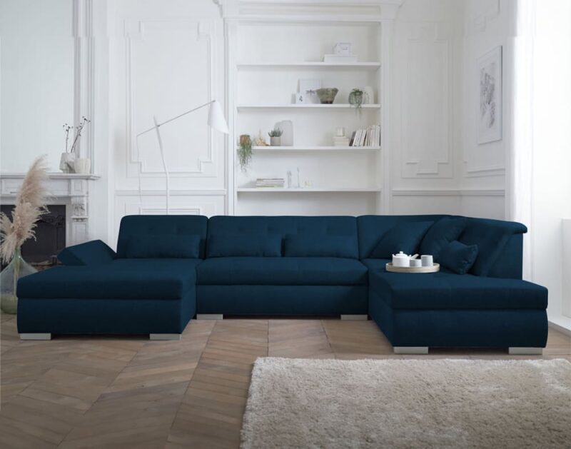 Test canapé d’angle 7 places Lisa Design (bleu) : grand format, vraie vie