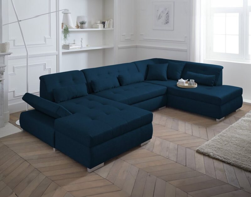 Test canapé d’angle 7 places Lisa Design (bleu) : grand format, vraie vie