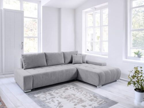 — Canapé d’angle convertible Jonas (droit, 4 places) en velours côtelé Gris clair – Petits meubles - vue détaillée