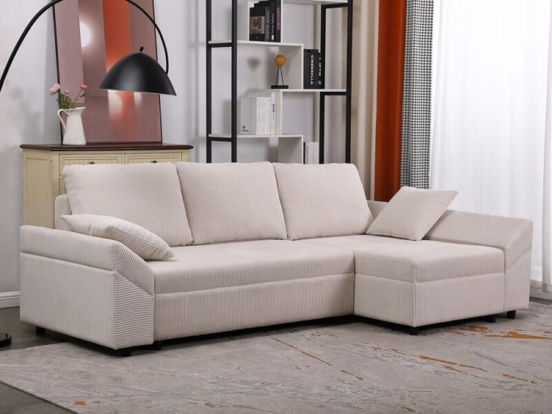 – Canapé d’angle en velours côtelé « Vaugirard II » (3 places, Beige) – Habitat & Jardin - vue détaillée