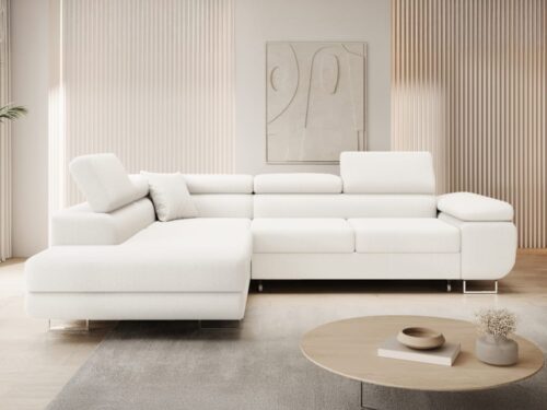 Test – Canapé d’angle gauche convertible Marius en tissu bouclette blanc (INTENSE DECO)