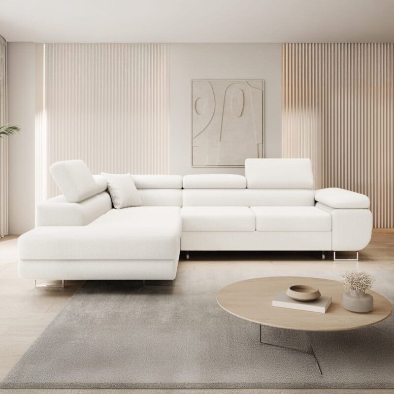 Test – Canapé d’angle gauche convertible Marius en tissu bouclette blanc (INTENSE DECO)