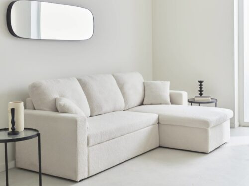 canapé convertible sweeek en bouclette, méridienne réversible et coffre - vue détaillée