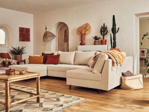 canapé d’angle 7 places Lisa Design Rune en velours côtelé (beige) - vue détaillée