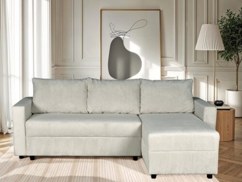 canapé d’angle convertible et réversible THEO – velours côtelé gris clair (Weber Industries) - vue détaillée