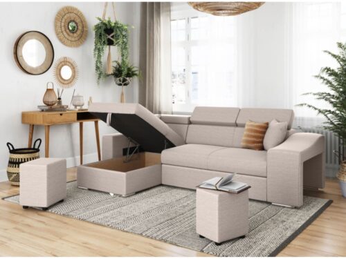 canapé d’angle ELONA Usinestreet : convertible, coffre et 2 poufs - vue détaillée