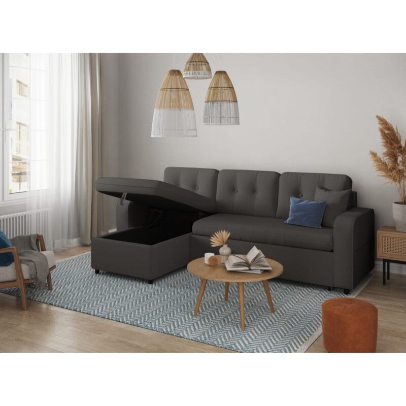 canapé d’angle MARIUS (Usinestreet) : convertible, réversible, capitonné - mise en situation