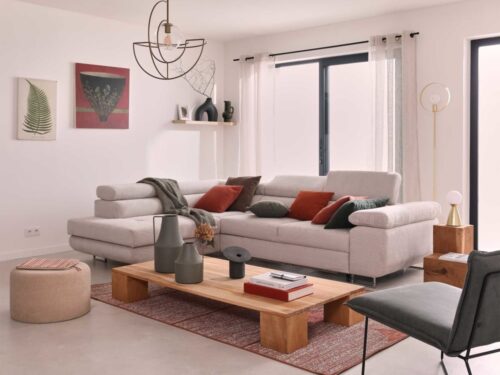 canapé d’angle Zaria (Best Mobilier) : velours côtelé, convertible et coffre - mise en situation