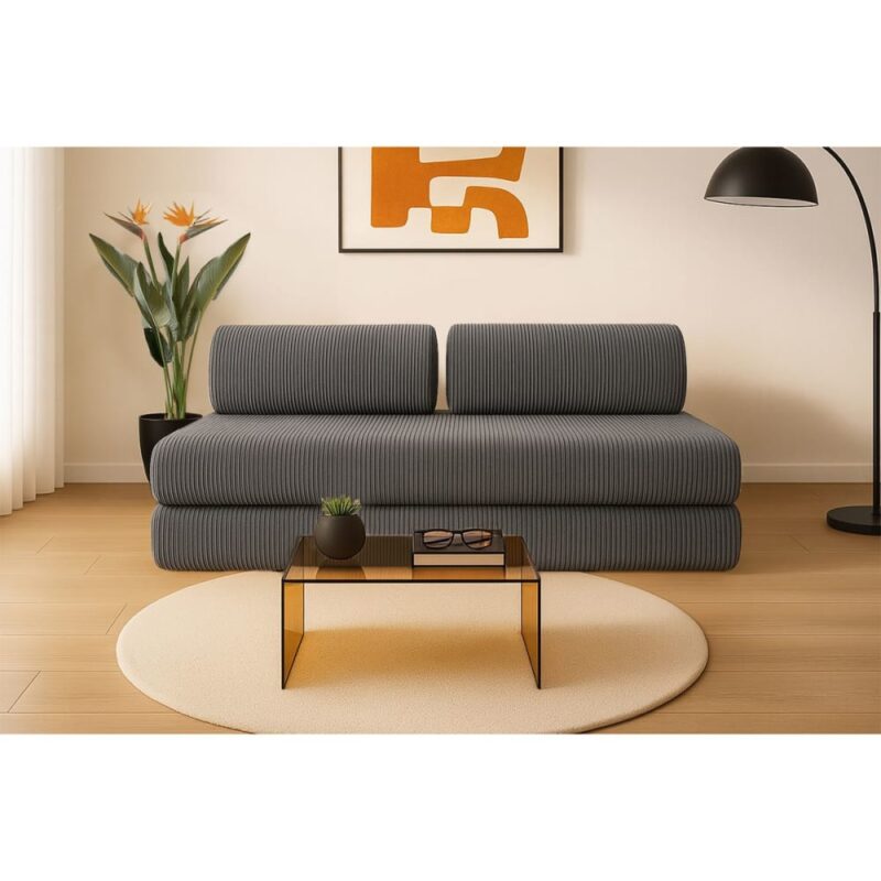 Test du canapé droit convertible 3 places Kimo (Gris) : mousse 100 % HD, velours côtelé