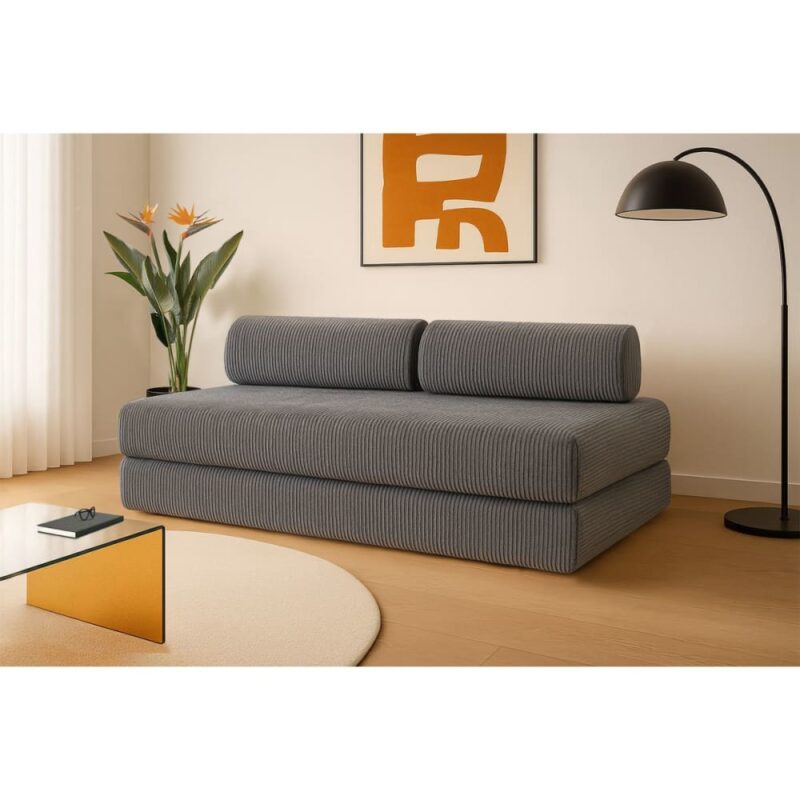 Test du canapé droit convertible 3 places Kimo (Gris) : mousse 100 % HD, velours côtelé