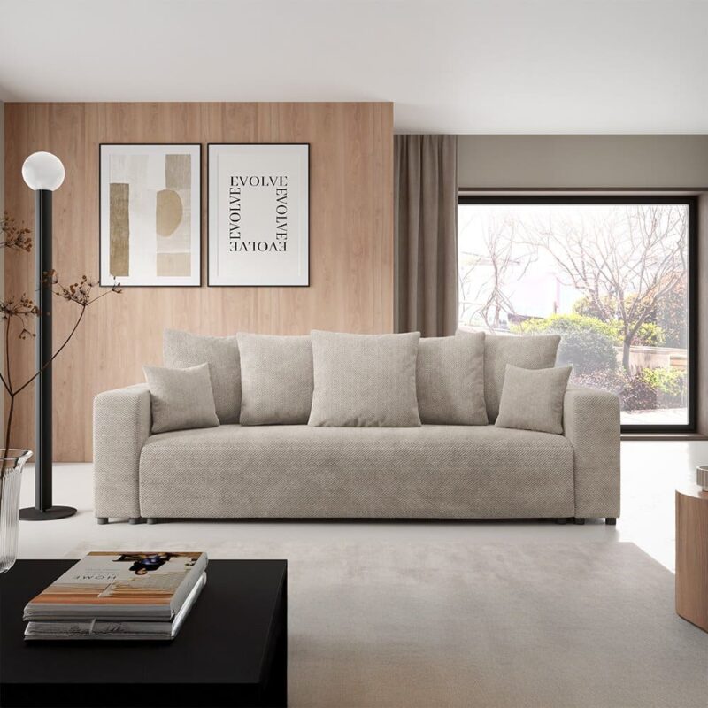 Test du canapé droit Nazar en tissu beige avec méridienne