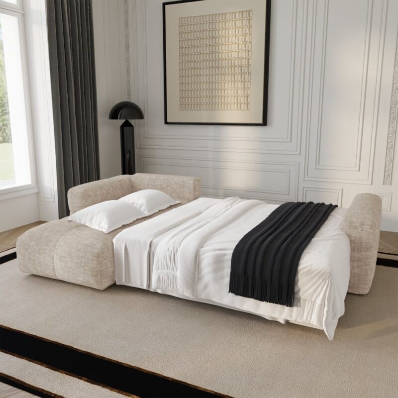 Test du canapé VIBE Premium Interiors : design arrondi, coffre noyer et couchage express