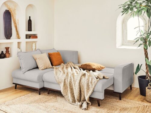 Lisa Design Albane : canapé d’angle convertible (gauche) en velours côtelé - vue détaillée