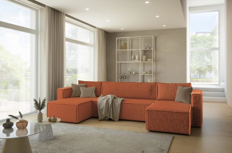 Test du Tendencio NERIA : canapé d’angle convertible panoramique en velours côtelé (Orange)