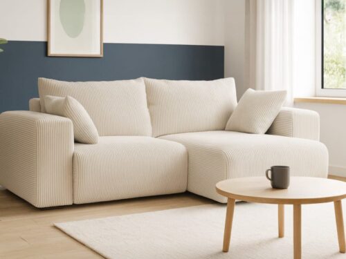 Homifab Amara : le canapé d’angle convertible en velours côtelé qui cocoonne (et range) - CoteCanape.fr