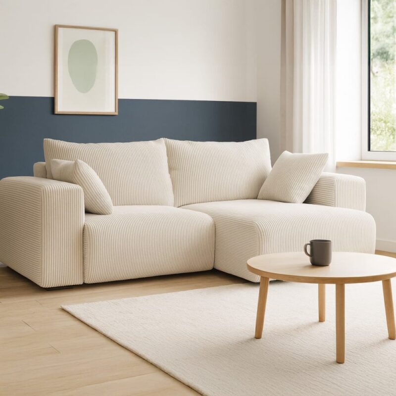 Test Homifab Amara : le canapé d’angle convertible en velours côtelé qui cocoonne (et range)