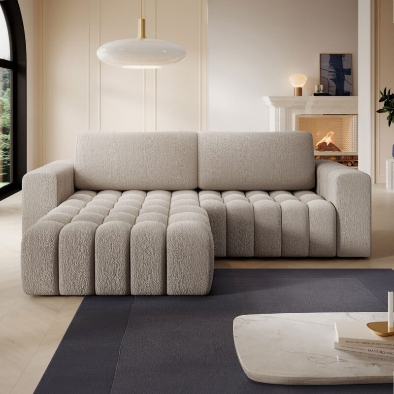 Test INTENSE DECO Clovis : canapé d’angle gauche convertible en bouclette beige