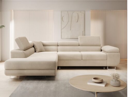 INTENSE DECO Marius : canapé d’angle gauche convertible en velours côtelé beige - vue détaillée