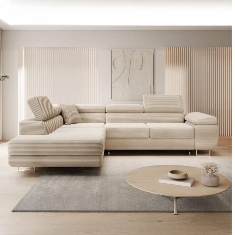 Test INTENSE DECO Marius : canapé d’angle gauche convertible en velours côtelé beige