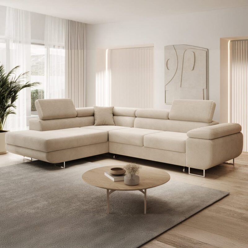 Test INTENSE DECO Marius : canapé d’angle gauche convertible en velours côtelé beige