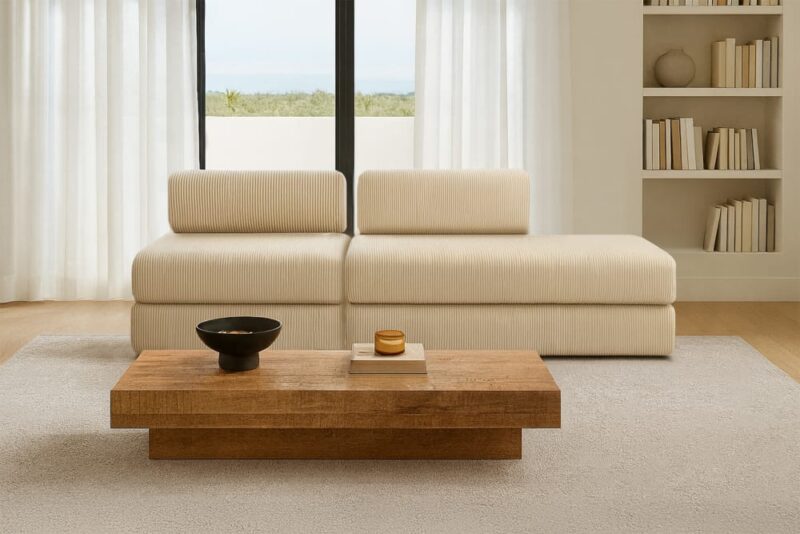 Test Kimo – Canapé droit convertible 3 places en velours côtelé beige