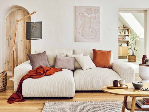 Lisa Design GARANCE : canapé d’angle réversible 4 places en velours côtelé (Beige) - CoteCanape.fr