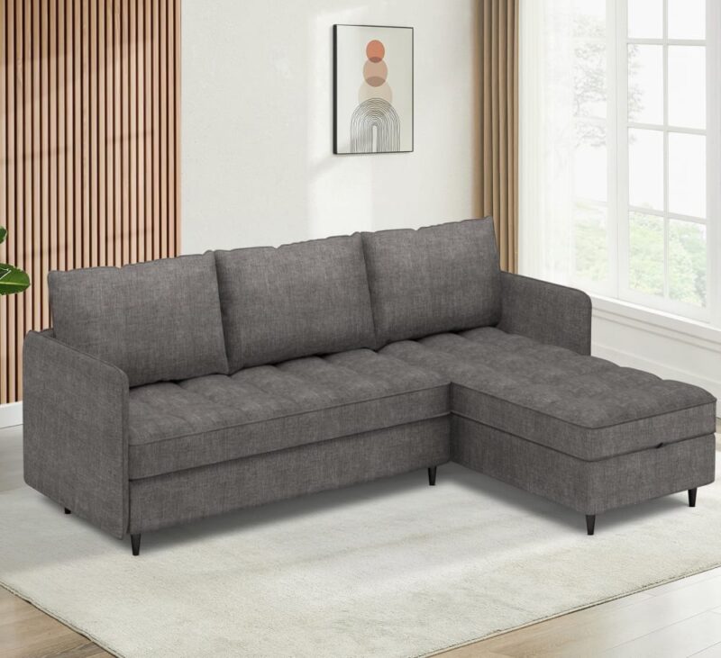 Test Loft24 : canapé 3 places multifonctionnel à méridienne réversible (gris)