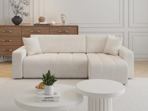 MOBILIER DECO : Canapé d’angle convertible et réversible avec coffre en velours côtelé beige - CoteCanape.fr