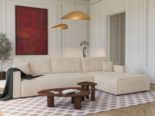 Premium Interiors KELY : canapé beige, élégance intemporelle, couchage d’appoint et coffre noyer - vue détaillée