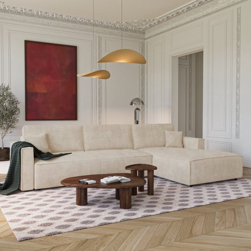 Test Premium Interiors KELY : canapé beige, élégance intemporelle, couchage d’appoint et coffre noyer