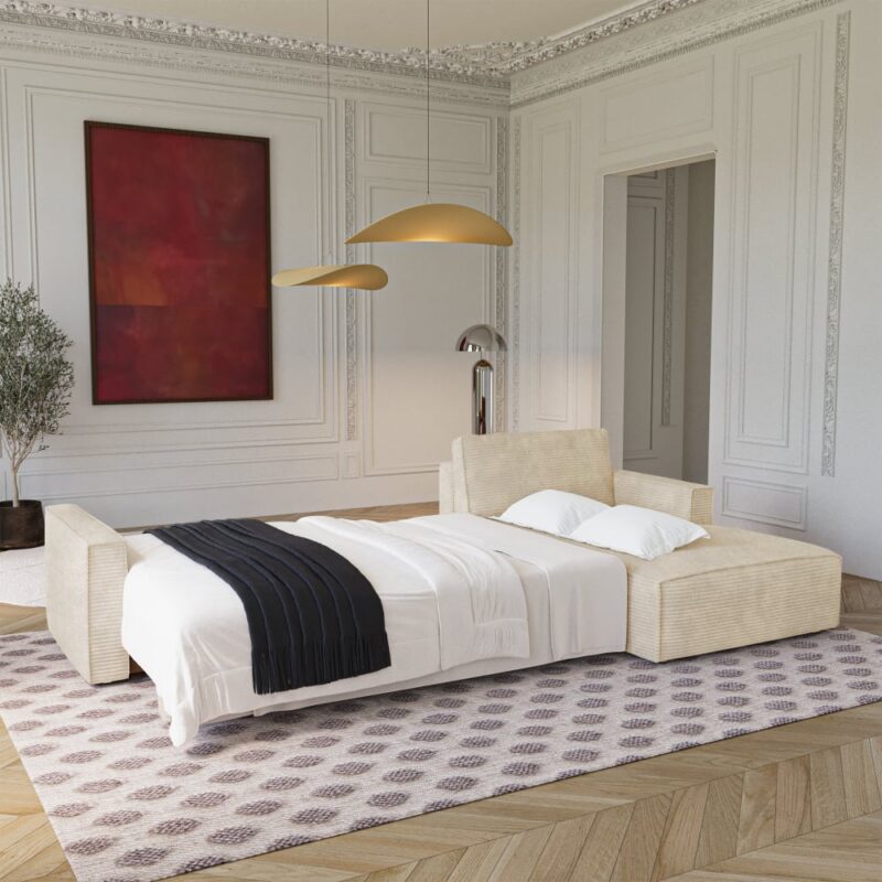 Test Premium Interiors KELY : canapé beige, élégance intemporelle, couchage d’appoint et coffre noyer