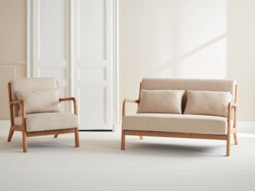sweeek LORENS Beige : fauteuil et banquette scandinaves, bois arrondi et assise épaisse - CoteCanape.fr