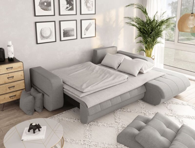 Test Usinestreet : canapé d’angle convertible 4 places en tissu (gris) à méridienne XL