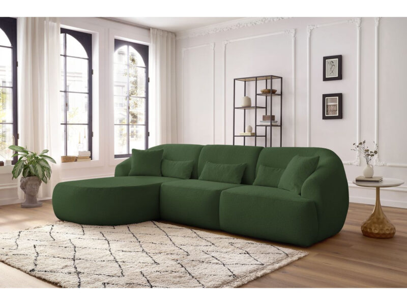 Canapé Alesia Bobochic : un canapé d&rsquo;angle fixe bouclette vert pour un salon organique et cocooning - Canapé Bobochic