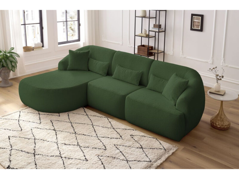 Canapé Alesia Bobochic : un canapé d&rsquo;angle fixe bouclette vert pour un salon organique et cocooning - Canapé Bobochic