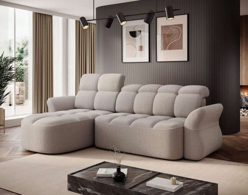 Canapé Brume Best Mobilier : un angle gauche convertible en bouclette beige pour les salons qui veulent tout - Canapé Best Mobilier